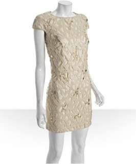 Tadashi Shoji sandstone sequin cutout jeweled cap sleeve dress