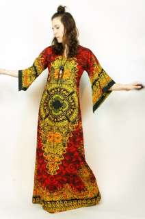   Black BATIK Ethnic BELL SLEEVE Cotton GYPSY Cosmic CAFTAN Maxi Dress S