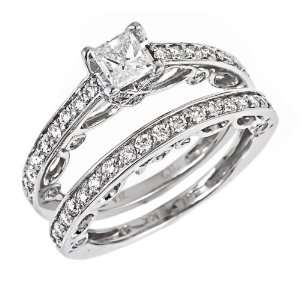 Cut Diamond Engagement Ring Matching Wedding Band Bridal Set Filigree 