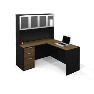  L shaped Computer Desk in Bamboo & Black with Hutch 