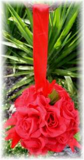   ROSE FLOWER BALLS RED Pew Bow Silk Wedding Girl Pomander Kissing Ball
