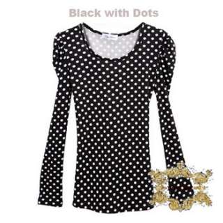 New Women Fashion Cute Black White Dots Fleece Puff Sleeves Top *FOR 