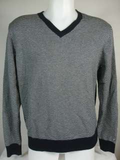 NWT Tommy Hilfiger Mens V neck Sweater Jumper Striped Navy Gray 