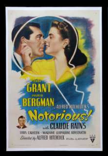 NOTORIOUS * ORIG HITCHCOCK MOVIE POSTER CARY GRANT 1946  
