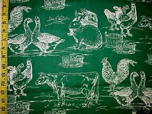   Kingdom Kitchen Toile Green Hen Rooster Cow Eggs Bunny Rabbits Farms