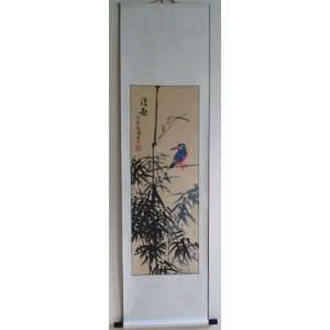   Chinese Black Ink Brush Painting Scroll Bamboo Birds 
