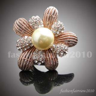 Rose Gold GP Swarovski Crystal Pearl Flower Ring VR090  