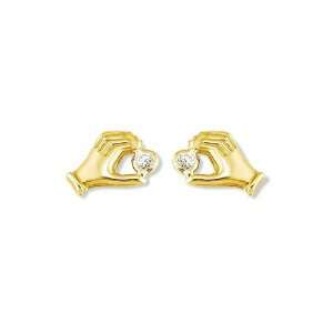  Polished 14k Yellow Gold Hand Round CZ Stud Earrings 