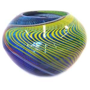   Murano Art Glass Bowl Vase Blue Stripes with Certificate Home
