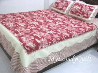   TOILE Ruffled Country Patchwork BEDSPREAD Quilt 3pc Set QUEEN  