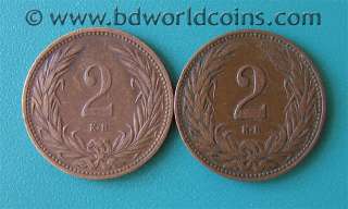 LOT OF (2) HUNGARY TWO 2 FILLER 1905 KB + 1909 KB 19mm BRONZE 