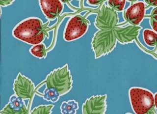 BLUE FOREVER STRAWBERRIES RETRO VINTAGE OILCLOTH FABRIC  