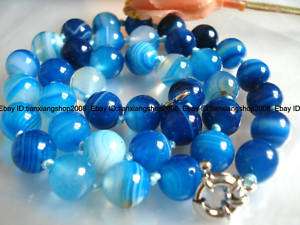 10mm Striped Blue Agate Onyx Loose Gemstone Necklace 18  