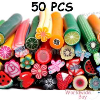 50 3D Nail Art Fruit Flower Fimo Stick Rods Polymer Clay Stickers DIY 