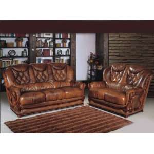  SOFA SET 2PC BROWN LEATHER HAND CARVED WOOD