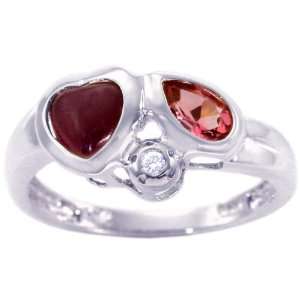 14K White Gold Heart and Pear Gemstone Ring Multi Ruby Pink Tourmaline 