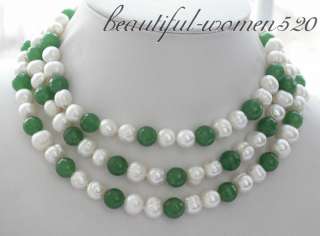 46 10mm white round pearl green jade bead NECKLACE  