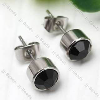 2x Black Round Crystal Stainless Steel Men Earring Stud  