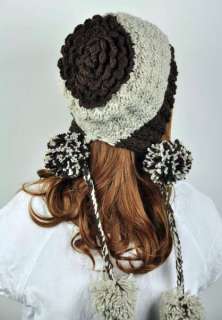   Wool Young Lady Winter Ski Hat Cap Lovely String Balls Coffee  