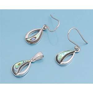 com Earrings and Pendant Set   Pear Shaped with Abalone and Sterling 