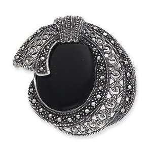  Sterling Silver Marcasite and Onyx Pin Jewelry