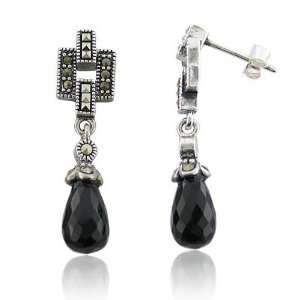   Fancy Cut Onyx and Square Shaped Marcasite Dangle Earrings Jewelry