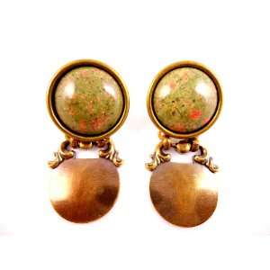  Antique Brass and Unakite Reflections Statement Earrings 