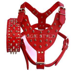 Black Leather Dog Harness & Collar SET spikes studs Pit Bull 26 34 
