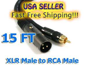 PREMIUM XLR MALE 3 PIN TO RCA MALE CABLE CORD 15 FT  