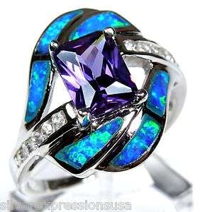   cut Amethyst & Blue Fire Opal Inlay 925 Sterling Silver Ring  