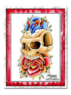 Tattoo Flash Sketch Book Traditional Classic Skull Rose  