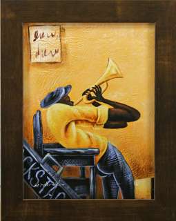 Backstage Blues Music Black Man Musician Bugle Trumpet Art FRAMED OIL 