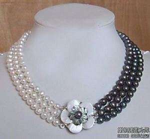 3rows 7 8mm white&black Freshwater Akoya Pearl Necklace  