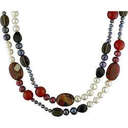   Pearls Black and Red Jasper, Agate, Smokey Quartz and Pearl Necklace