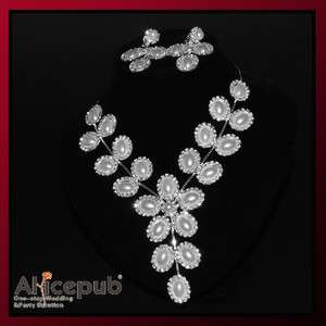 White Noble Flower Y shape bridal Necklace & Earring Set with Crystal 