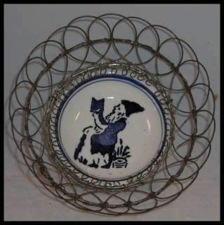 antique WIRE BASKET PLATE GNOME w/ BOOK 1890s german  