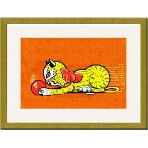 Gold Framed/Matted Print 17x23, Zooming Cat and Ball