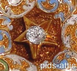   Victorian 14K Rose Gold Diamond Champleve Enameled Eastern Star Brooch