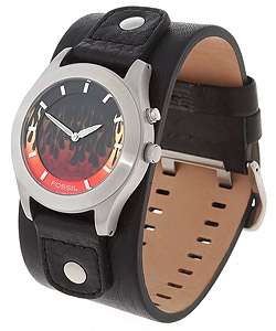 Fossil Mens Flame Dial Wide Leather Strap Watch  