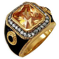 14k Gold Overlay Mens CZ and Enamel Estate style Ring  