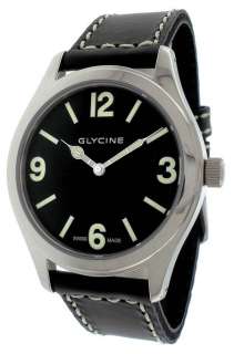 Glycine Stainless Steel Incursore 44mm Black Dial Leather Mens Watch 