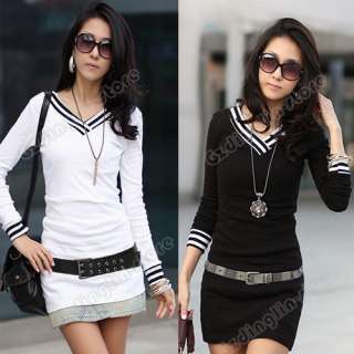   Fashion Casual Long Sleeve Cotton V Neck Tops T Shirt Mini Dress #091