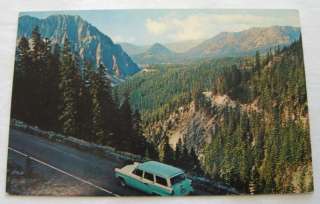 Vintage Post Card   Old Car 1950s Ford Wagon, Mountains  