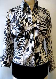   & White Op Art 100% Silk Button Front Shirt w/French Cuffs   Large
