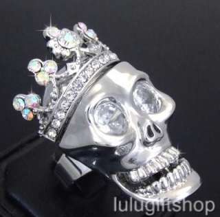 WHITE GOLD PLATED CROWN SKULL RING W SWAROVSKI CRYSTALS  