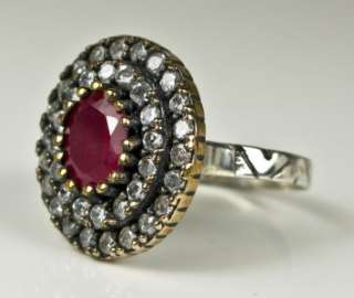Art Deco Rose Gold/925 Ring 3.41ctw Ruby & White Sapphire 7.6g Size 8 
