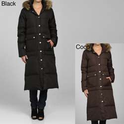 DKNY Womens Long Quilted Zip front Down Coat  