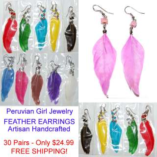   FEATHER EARRINGS HANDMADE COLORFUL WHOLESALE FASHION PERUVIAN JEWELRY