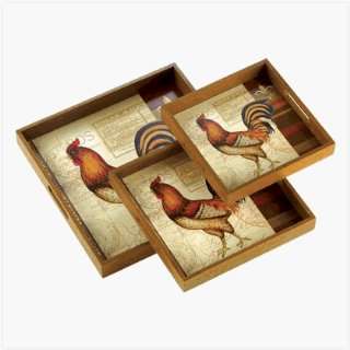  Rooster Decorated Wooden Tray Trio