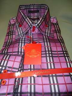   Bright Pink & Black Plaid Tartan Checkered High Collar Dress Shirt